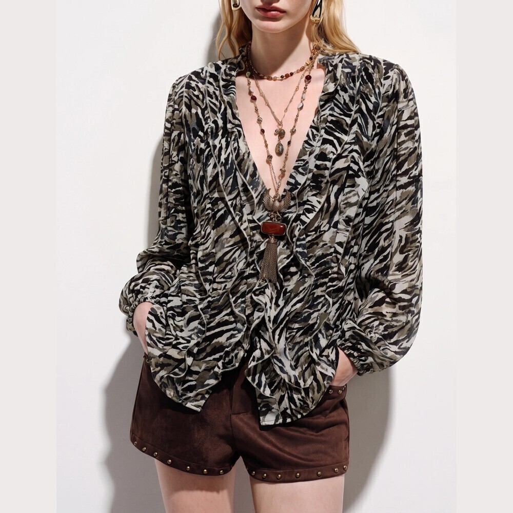 Black Brown Zebra Print Flounce Collar Long Sleeve Blouse